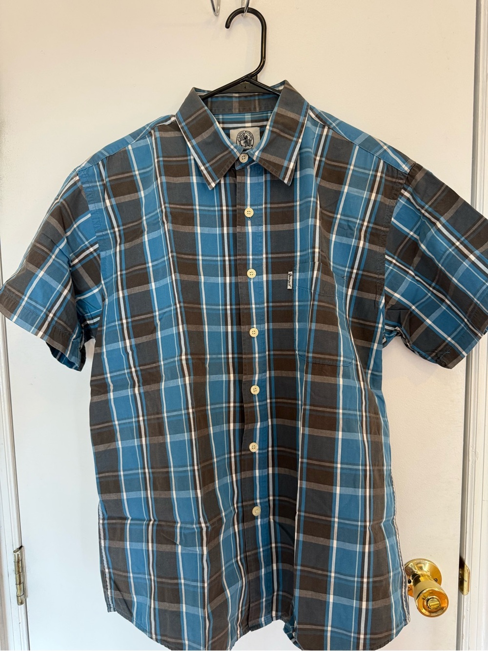 Men's Blue Plaid Short Sleeve Button-Up Shirt XL